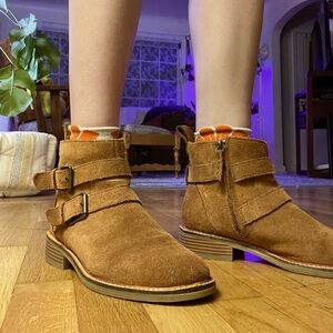 Women's Tan Suede Ankle Boots w/ Double Buckle